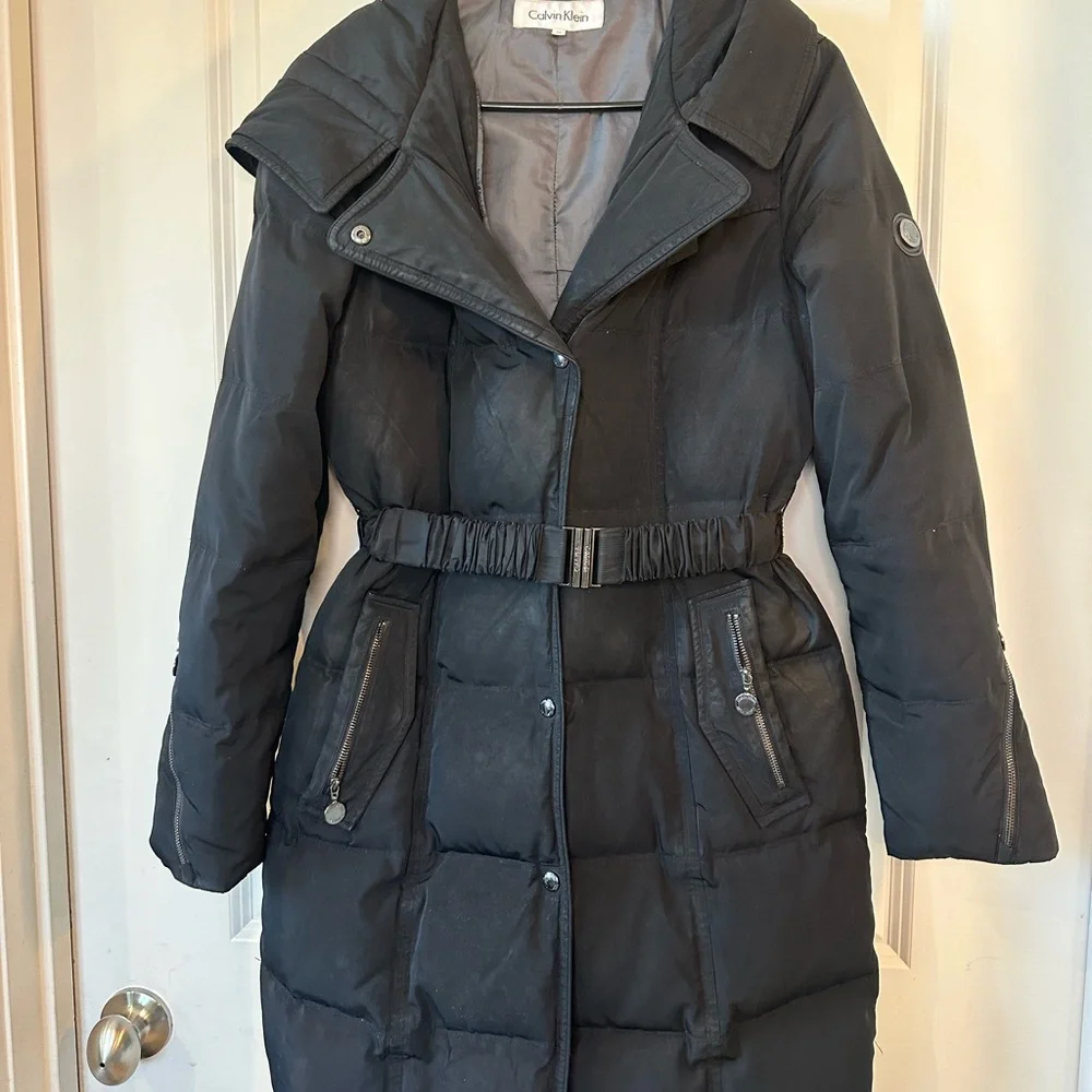 Calvin Klein Black Belted Duck Filled/Waterfowl Feathers Down KneeLength Coat,XS
